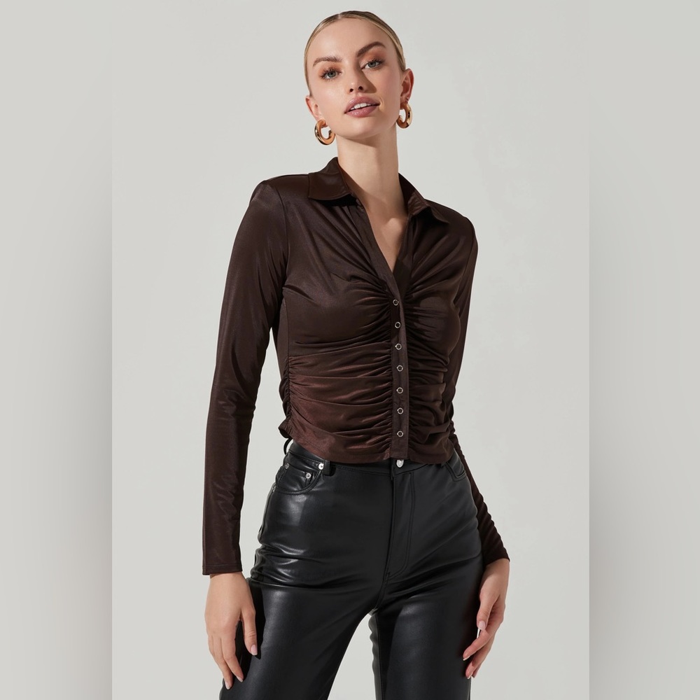 Rowella Ruched Button Down Long Sleeve Top - Brown ASTR the Label